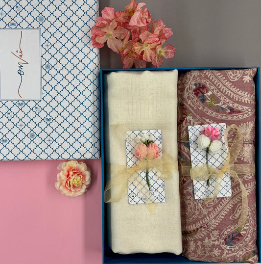 OMVAI Embroidery Pashmina Stole Combo Gift Set in Pure Cashmere wool - Natural Embroidered Stole with Ivory Solid Stole (Set of 2 - For HIM and for HER)