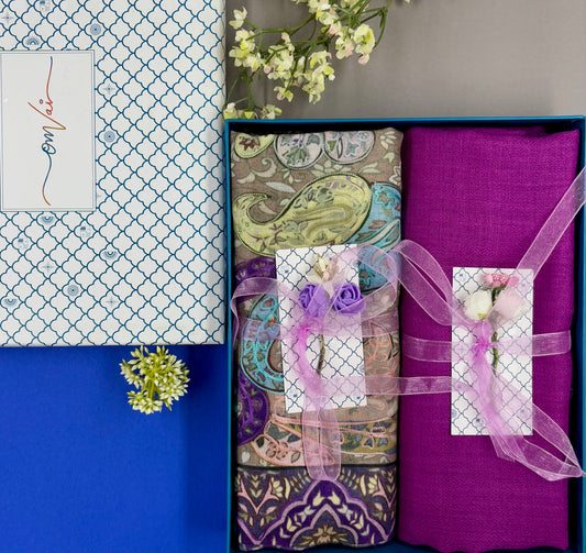 OMVAI Pashmina Stole Combo Gift Set in Pure Cashmere wool - Purple Kalamkari Kani with Embroidery and solid (Set of 2 - For HIM and for HER)