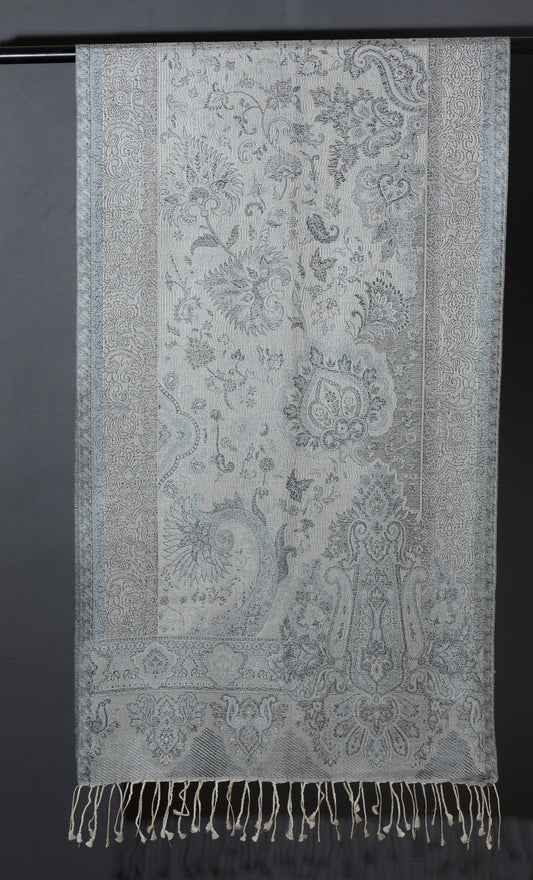 OMVAI Ornamental Paisley Premium Woven Silk Stole - Silver Charcoal
