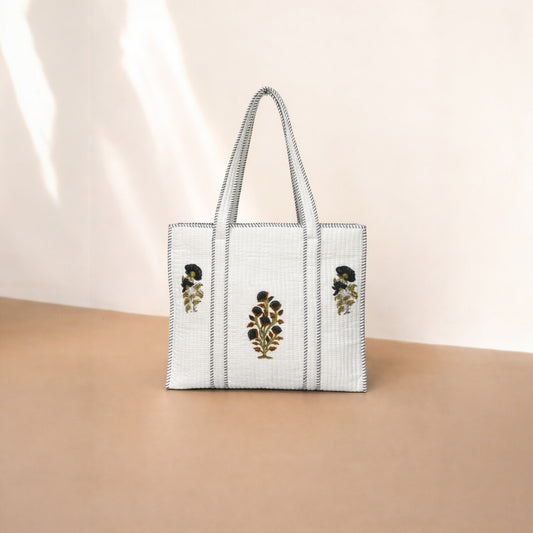 White Handblock Botanical Cotton Tote Bag | Handcrafted & Lightweight
