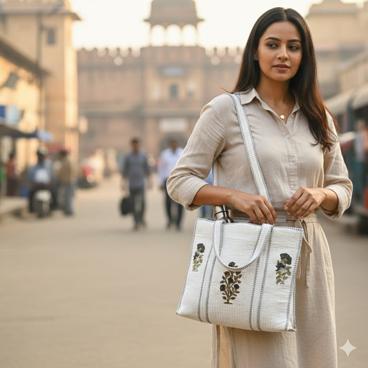 White Handblock Botanical Cotton Tote Bag | Handcrafted & Lightweight