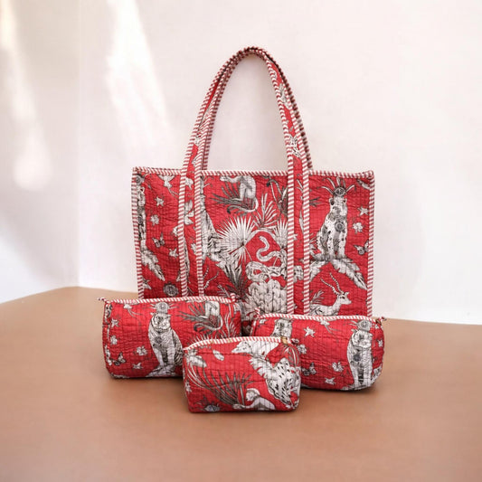 Red Handcrafted Quilted Tote Bag Set (4-Piece) | Everyday, Travel & Gifting