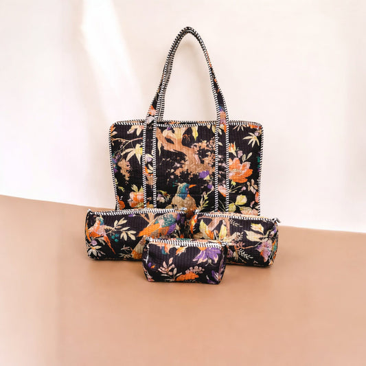 Black Floral Quilted Tote Bag Set (4-Piece) | Handcrafted Cotton