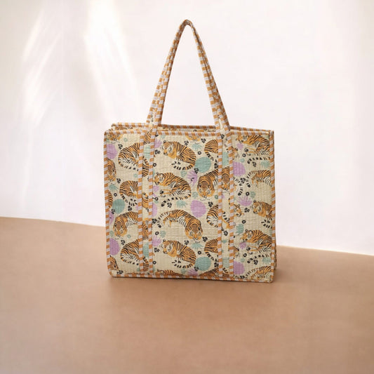 Beige Tiger Print Quilted Tote Bag Set (4-Piece) | Handcrafted Cotton