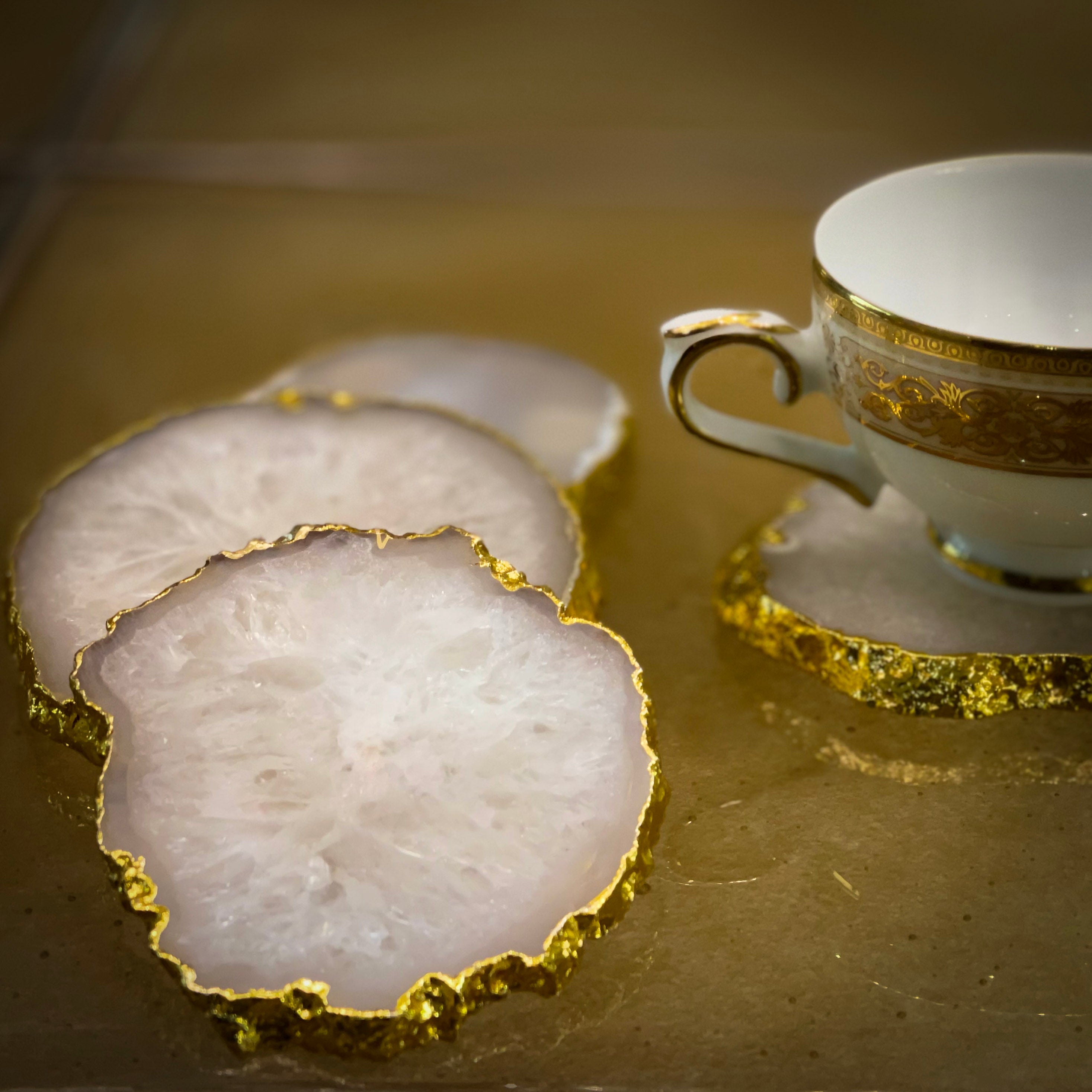 OMVAI Semi-Precious Natural Agate Coasters (Set of 4) with Gold plating - Wishful White
