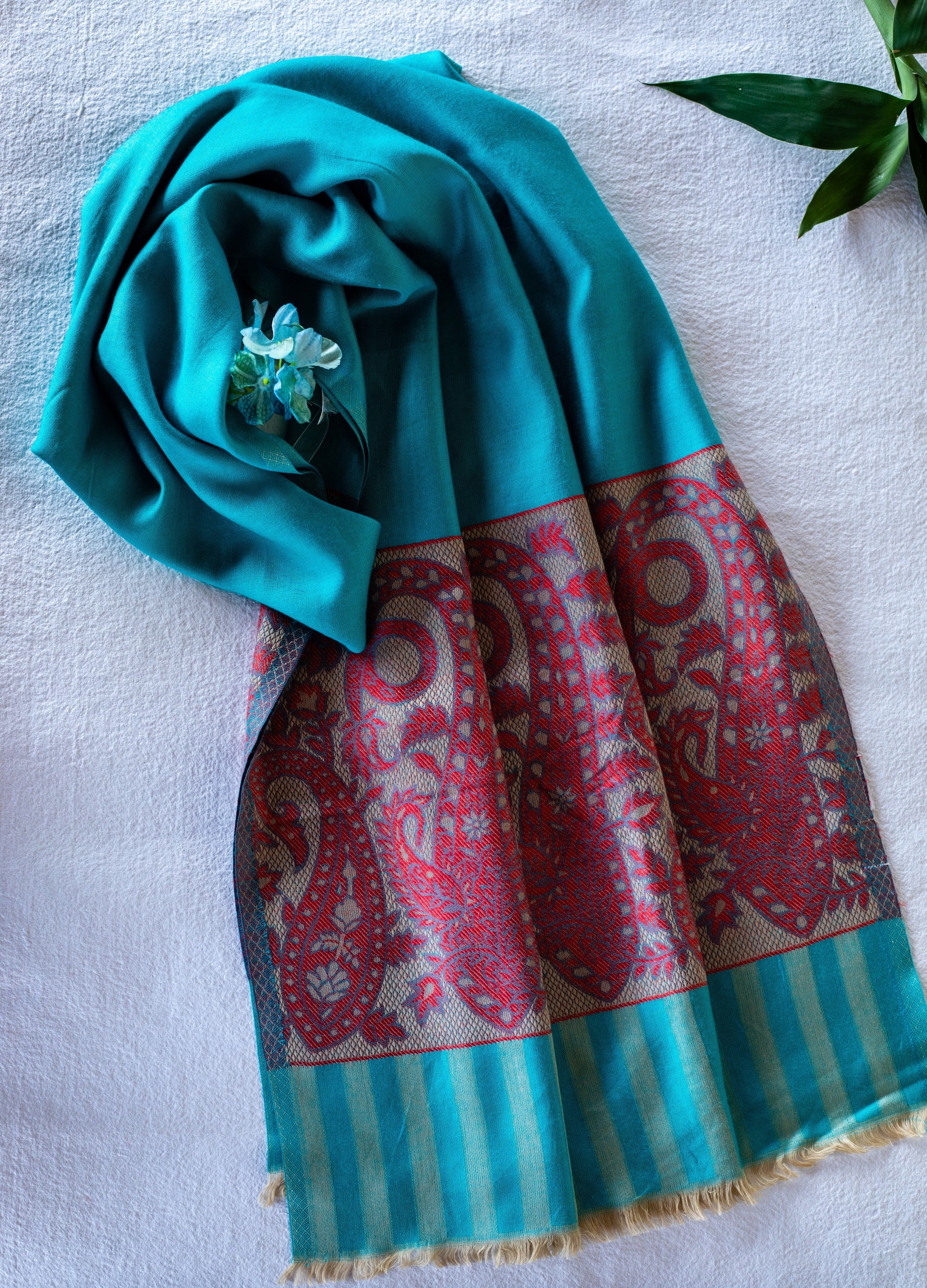 OMVAI Spring Bloom Border Summer Stole Modal Silk Turquoise with Cherry Border