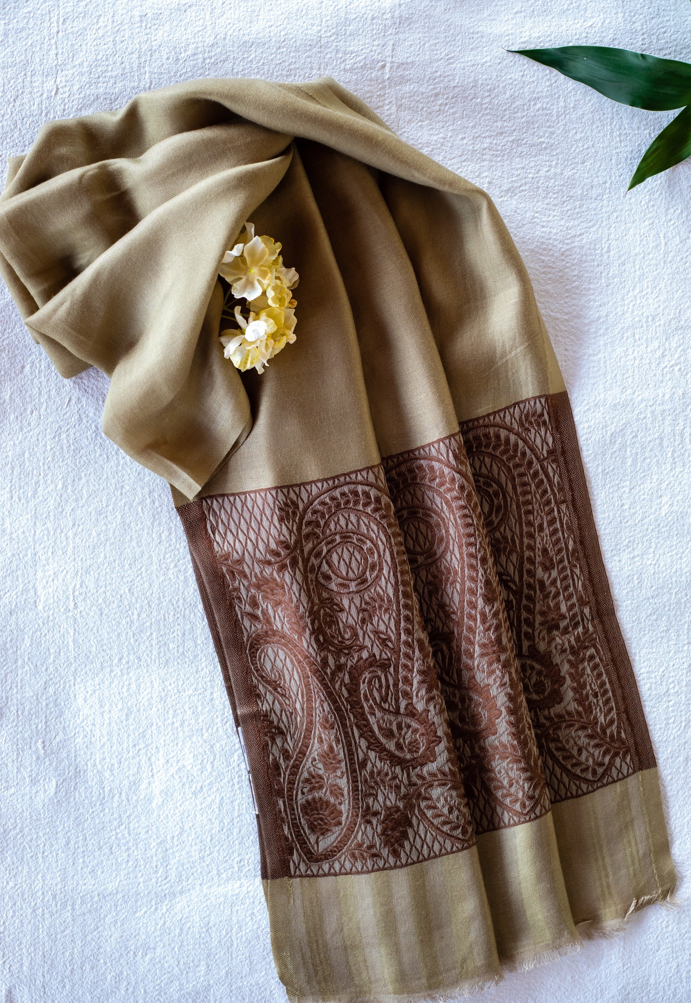 OMVAI Spring Bloom Border Summer Stole Modal Silk Caramel with Chocolate Border