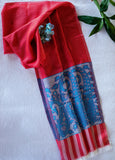 OMVAI Spring Bloom Border Summer Stole Modal Silk Cherry Red with Blue  Border