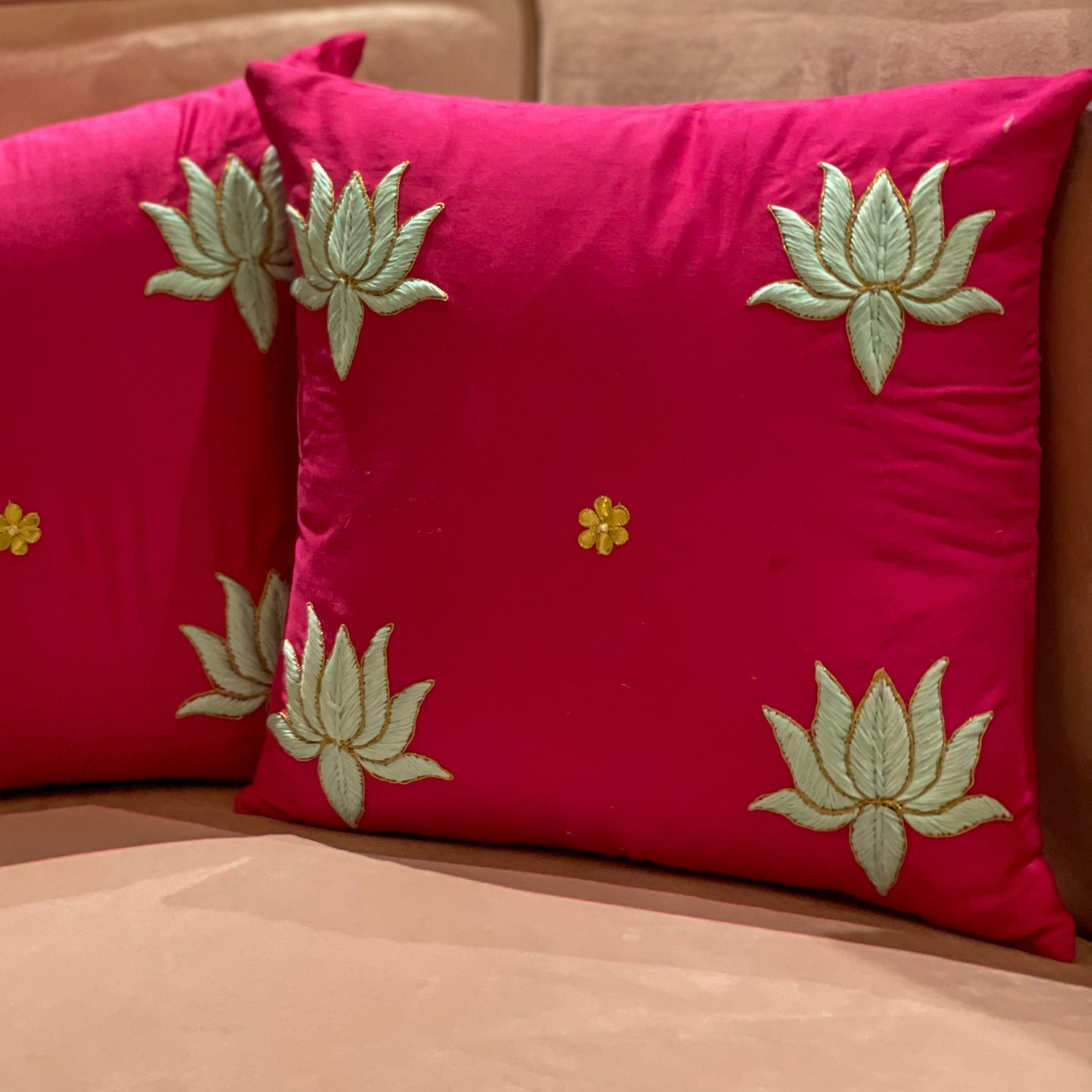 OMVAI Gota Patti Cushion Covers : Fuchsia Hot Pink Lotus (Set of 2)