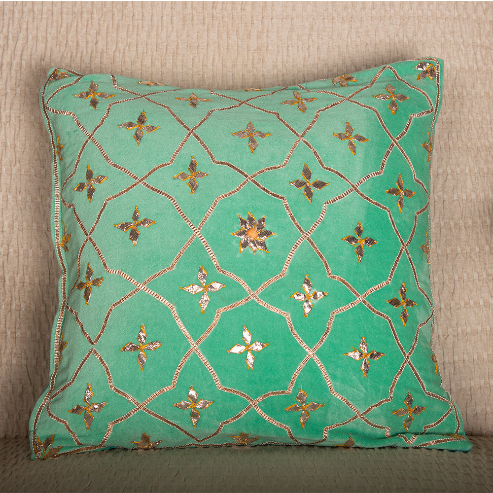 OMVAI Gota Patti Cushion Covers - Mint Green Floral Mosaic (Set of 2)