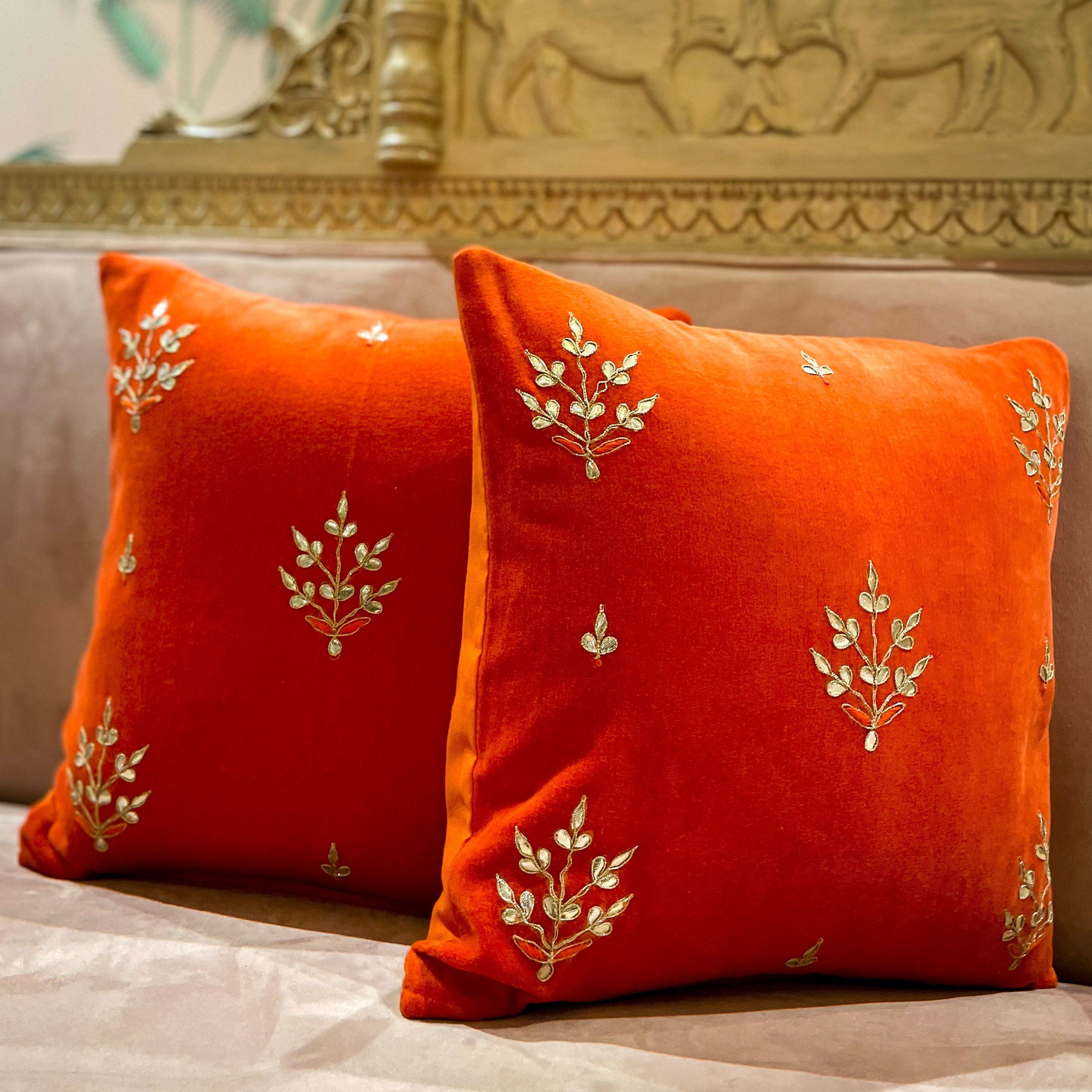 OMVAI Gota Patti Cushion Covers : Vibrant Orange Buti Flower (Set of 2)