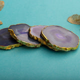 OMVAI Semi-Precious Natural Agate Coasters (Set of 4) with Gold plating - Pure Purple