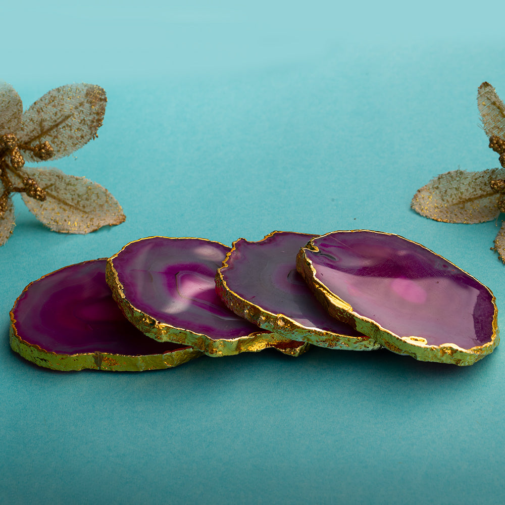 OMVAI Semi-Precious Natural Agate Coasters (Set of 4) with Gold plating - Magnificent Magenta