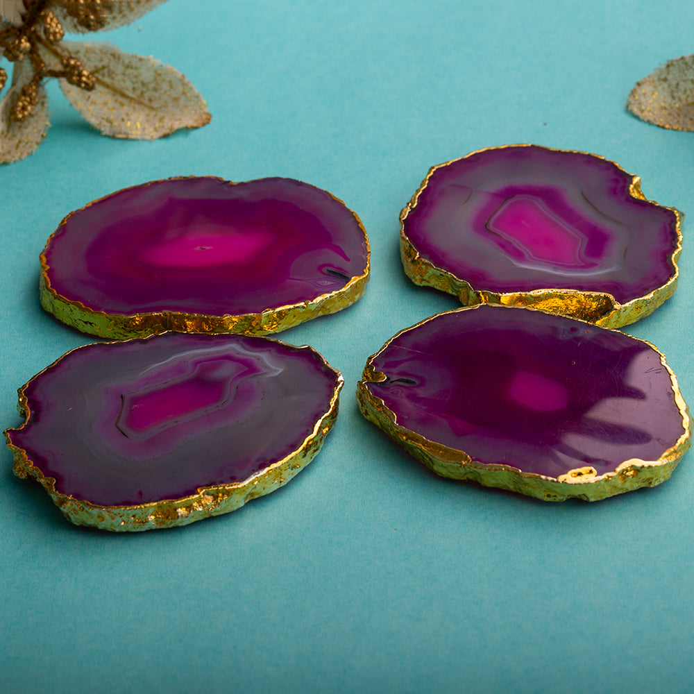 OMVAI Semi-Precious Natural Agate Coasters (Set of 4) with Gold plating - Magnificent Magenta