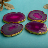 OMVAI Semi-Precious Natural Agate Coasters (Set of 4) with Gold plating - Magnificent Magenta