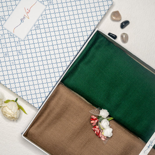 OMVAI Caramel & Dark Green Solid Pashmina Shawl Combo Gift Set in Pure Cashmere wool (Set of 2 - For HIM and for HER)