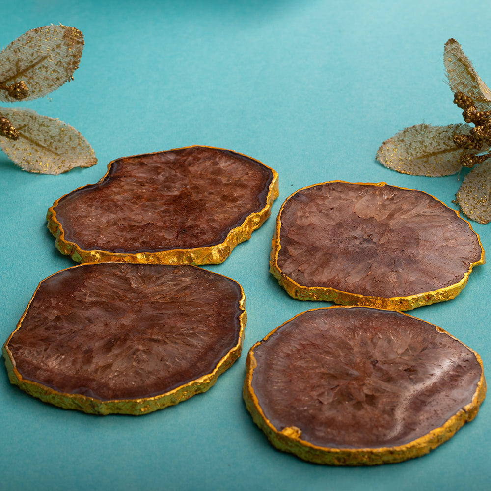 OMVAI Semi-Precious Natural Agate Coasters (Set of 4) with Gold plating - Caramel Brown