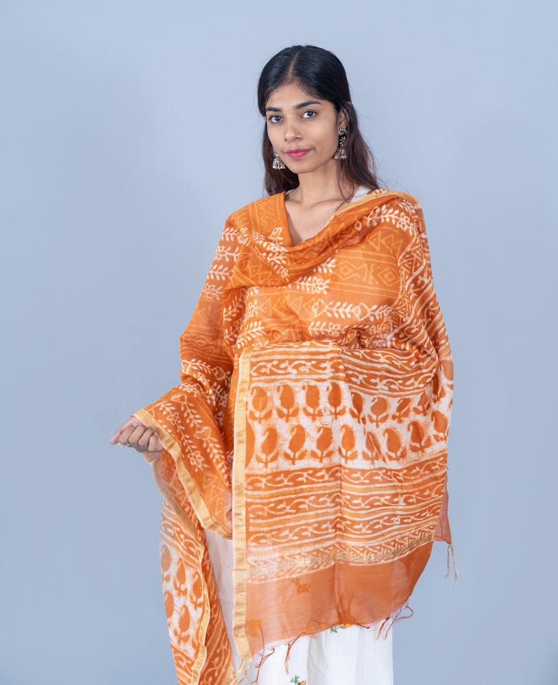 OMVAI Patti Bel Hand Block Printed Chanderi Silk Dupatta - Tangerine  Orange