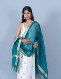 OMVAI Golden Border Chanderi Silk Dupatta - Peacock Green