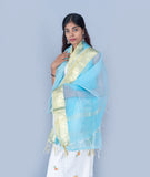 OMVAI Paisley Border Chanderi Silk Dupatta - Firoza Turquouse Blue