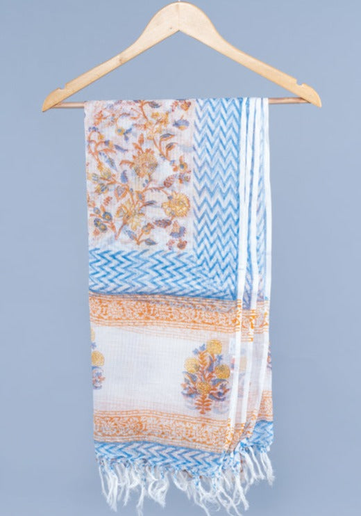 OMVAI Flower Jaal Hand Block Printed Kota Doria Checks Stole / Dupatta - White Blue