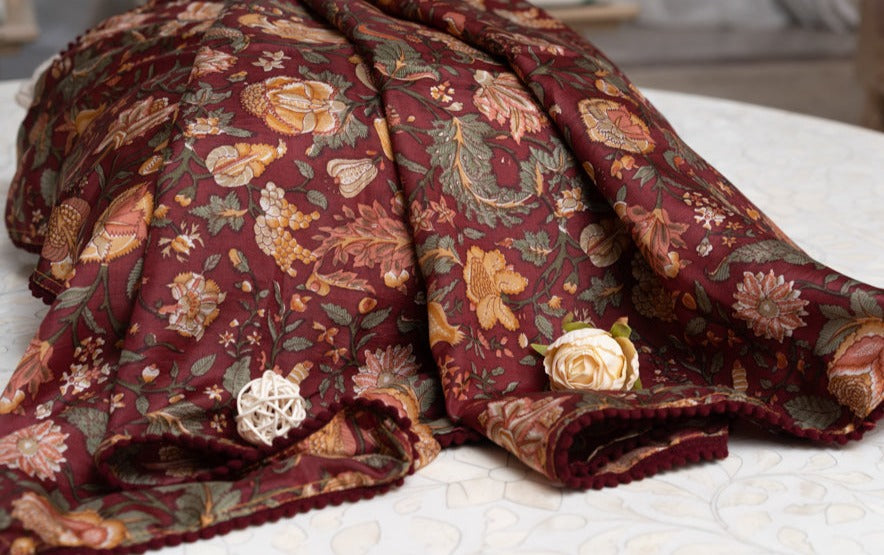 OMVAI Victorian Mughal Flower Print Silk Stole -  Rich Burgandy