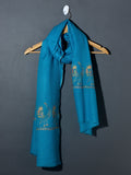 MAYURA, the Peacock Magnificent Hand Embroidered Stole - Ocean Blue