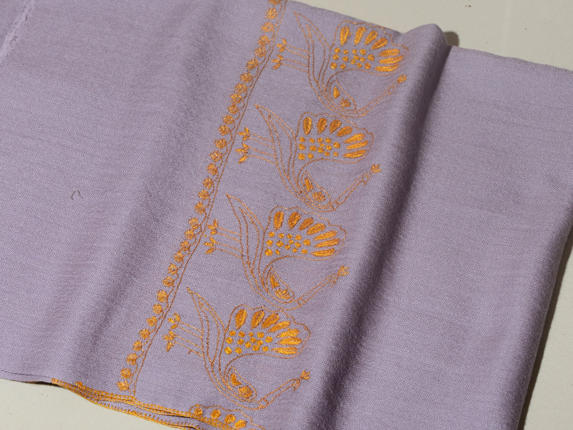 MAYURA, the Peacock Magnificent Hand Embroidered Stole - Lilac - Ochre
