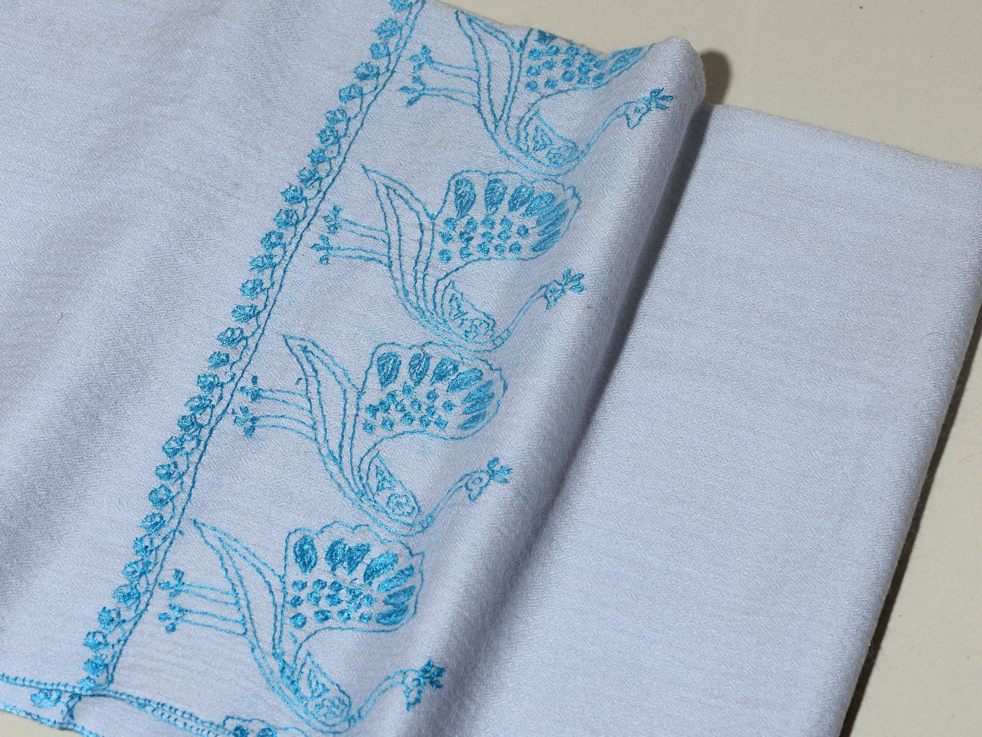 MAYURA, the Peacock Magnificent Hand Embroidered Stole -Powder Blue