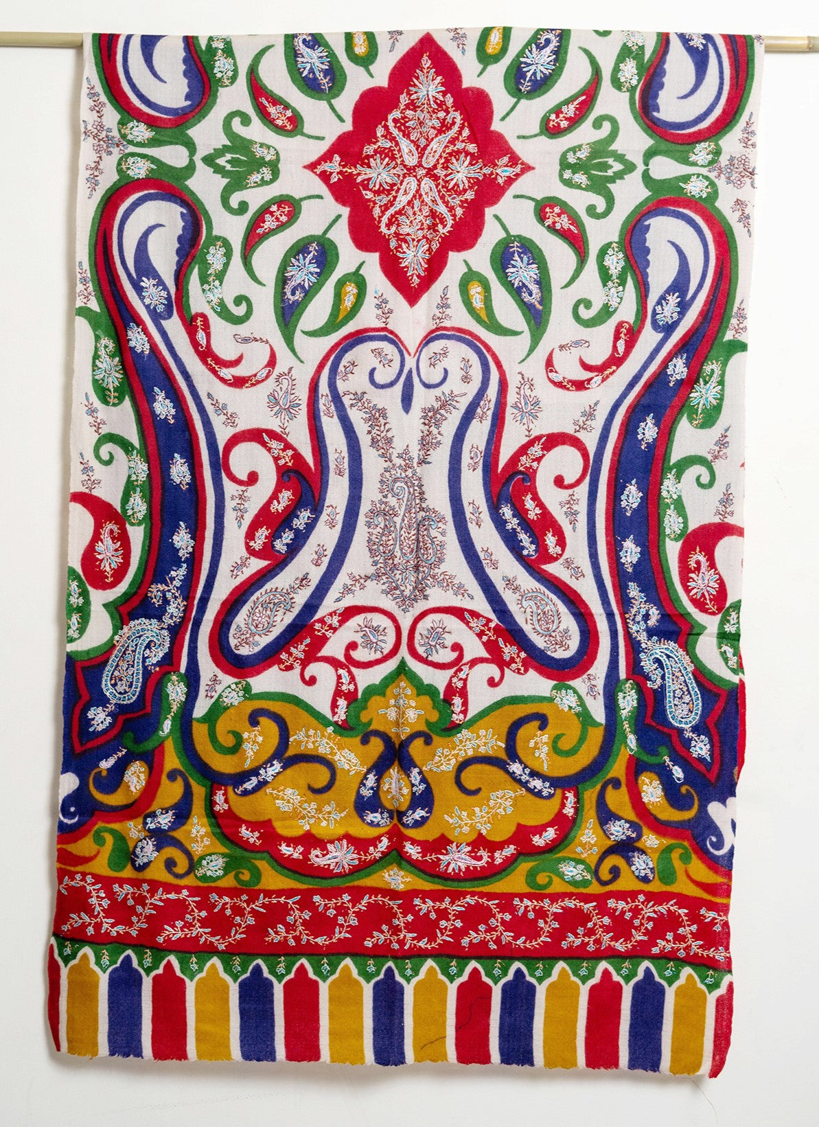 Intricate Mughal Paisley Kalamkari Kani Stole with Hand embroidery - Sky Red Multi