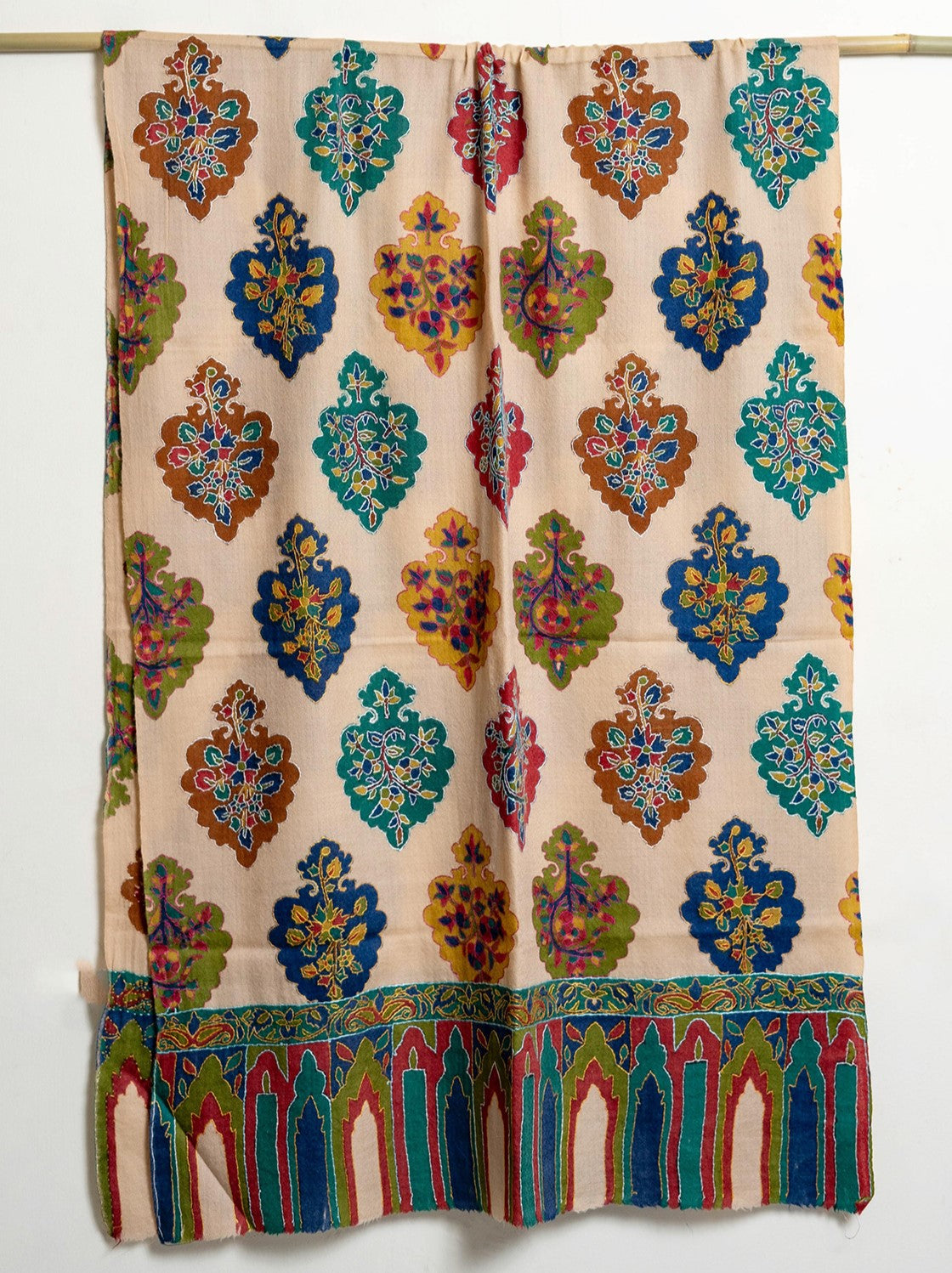 Mughal Floral Motif Kalamkari Kani Stole with Hand embroidery - Multi color