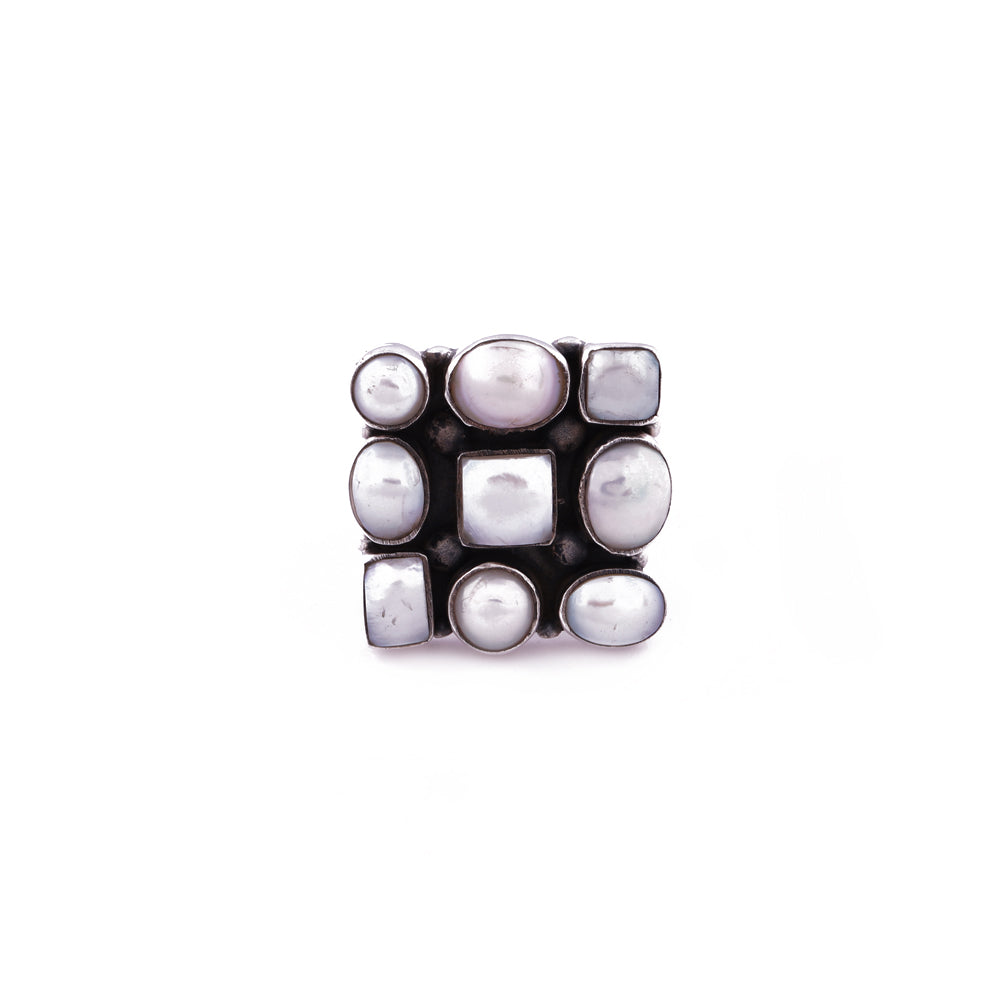 Silver Square Freshwater Pearl Ring