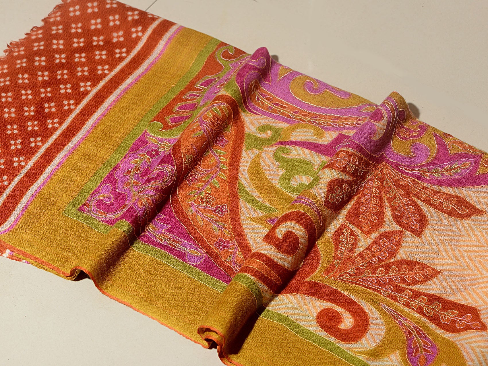 MUGHAL BUTA Exquisite Kalamkari Kani Stole with Hand embroidery - Rust Orange